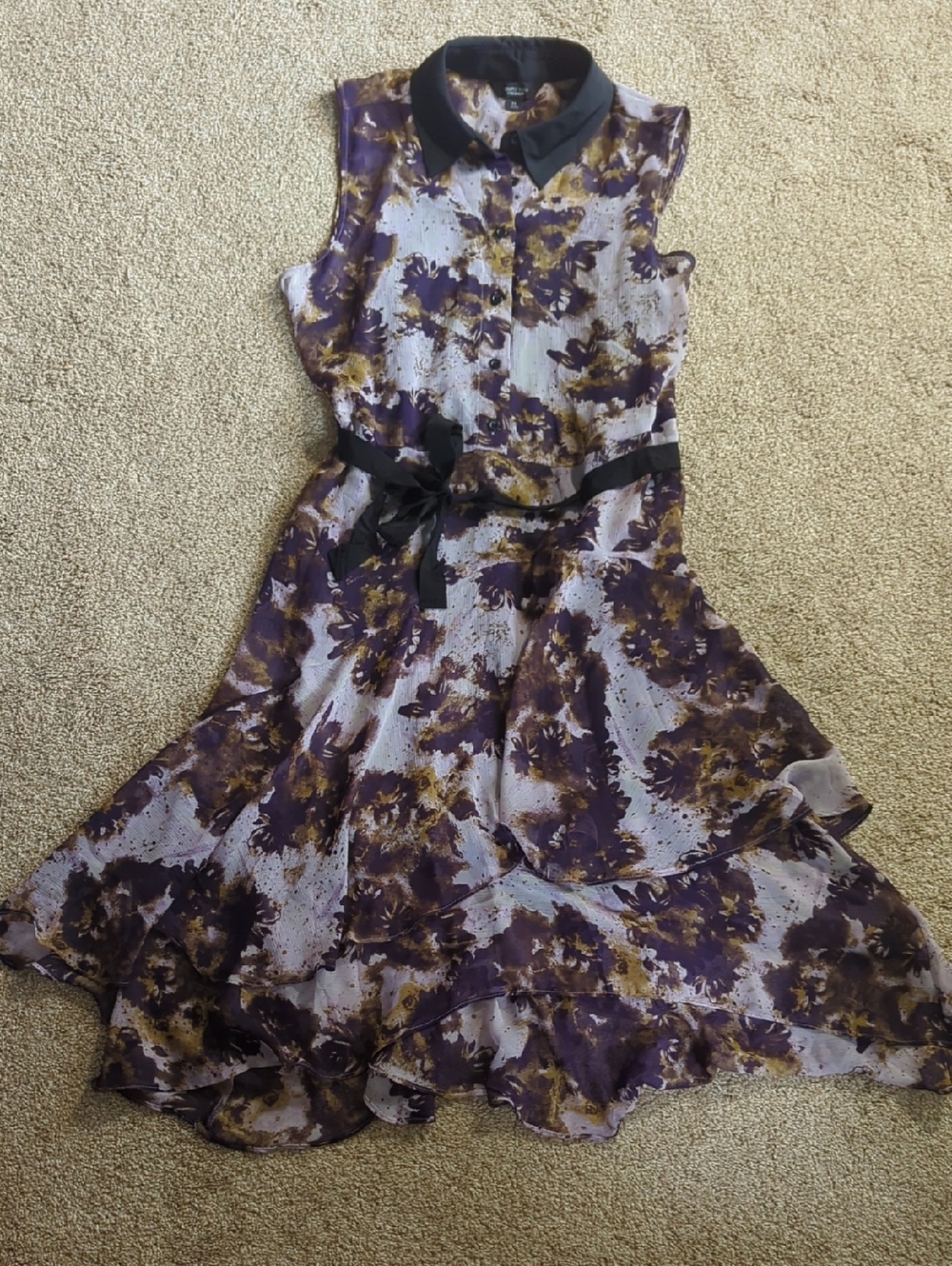 Simply Vera Vera Wang Purple and Gold Floral Midi Dress with Black Collar
